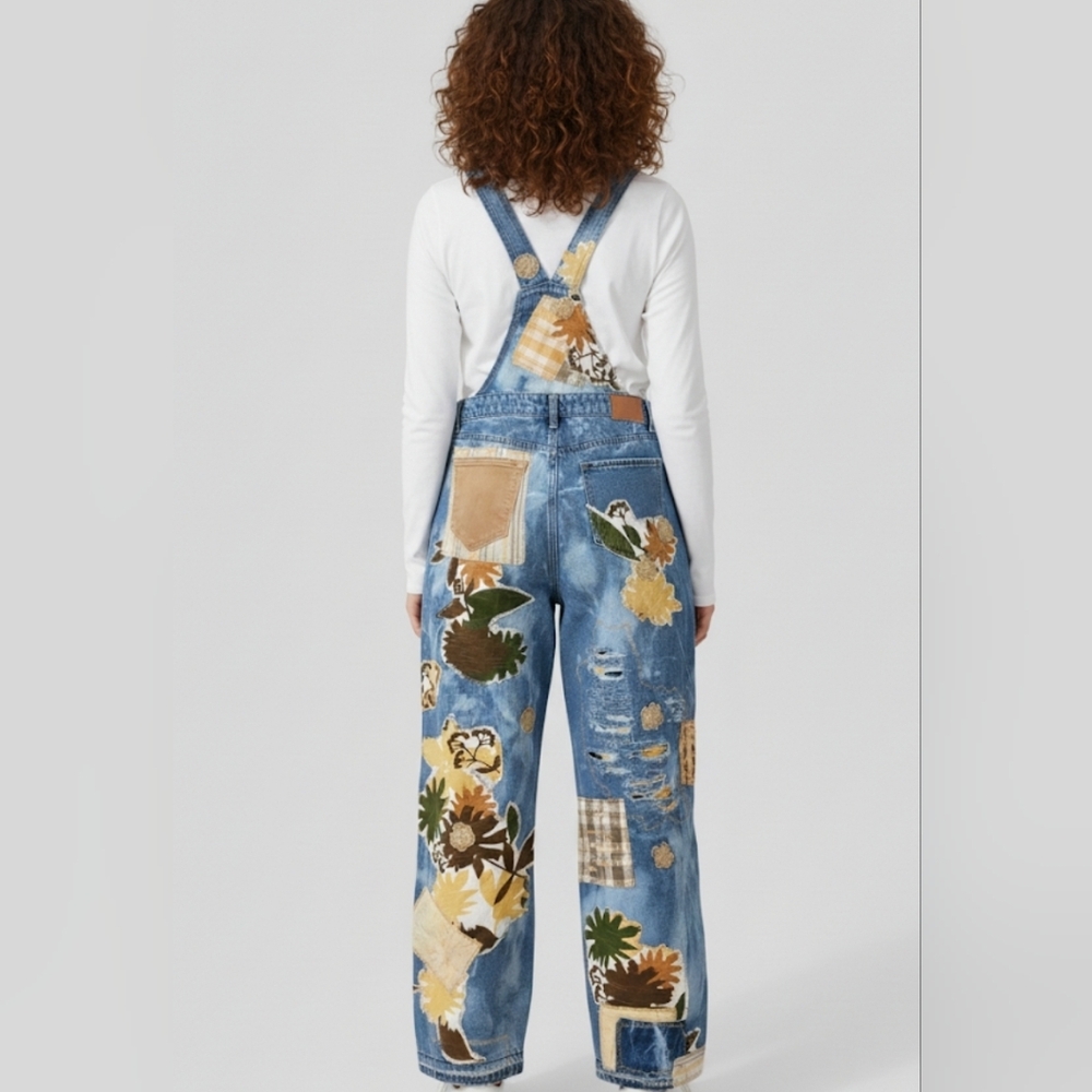 Upcycled & Handcrafted Floral Patchwork Denim Ove… - image 2